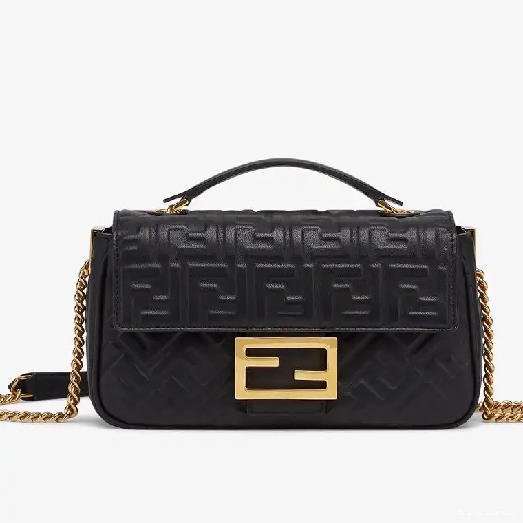 Cheap Motif Leather Bag In Black Chain Fendi FF Midi Nappa Baguette 0404